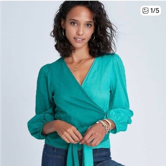 Farm Rio Anthropologie Turquoise Wrap Tie Blouse NWT Size M